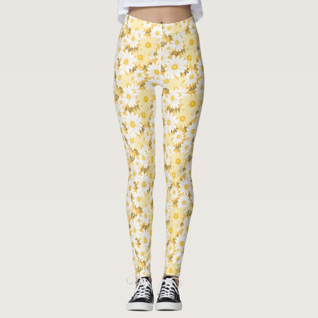 Birthday Gift | Vit och Gult Daisy Leggings (Framsida)