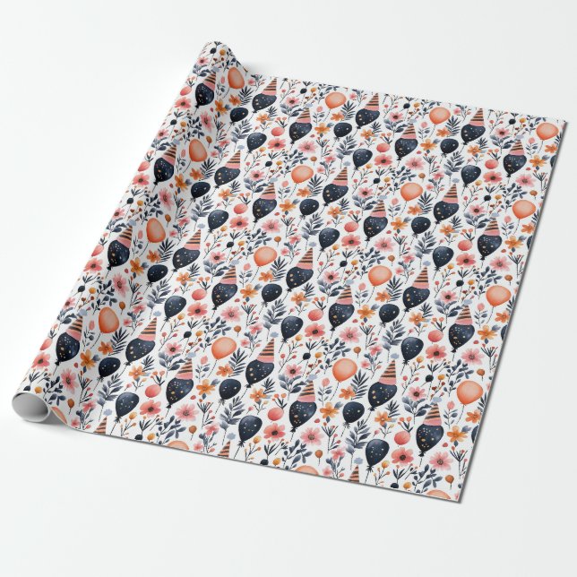 Birthday Gift | Whimsisk ballong och blomma Presentpapper (Utrullad)