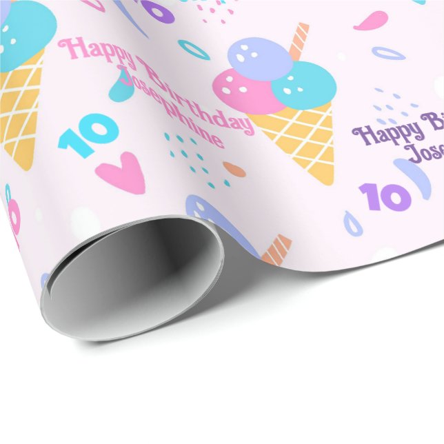 Birthday Girl Add Namn and Age Rosa Ice Cream Cone Presentpapper (Rullad Hörn)