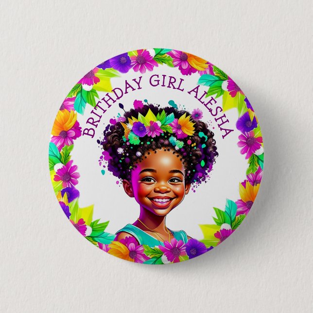 Birthday Girl African-American Girl Personlig Knapp (Framsida)