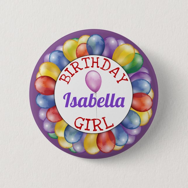 Birthday Girl Balloons Button Lila Red Gult Knapp (Framsida)