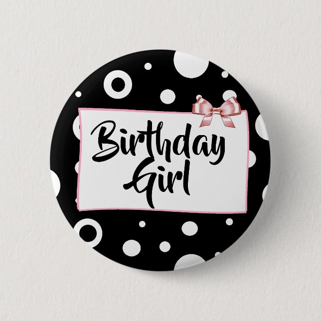 Birthday Girl Button Black, white and rosa Bow Knapp (Framsida)