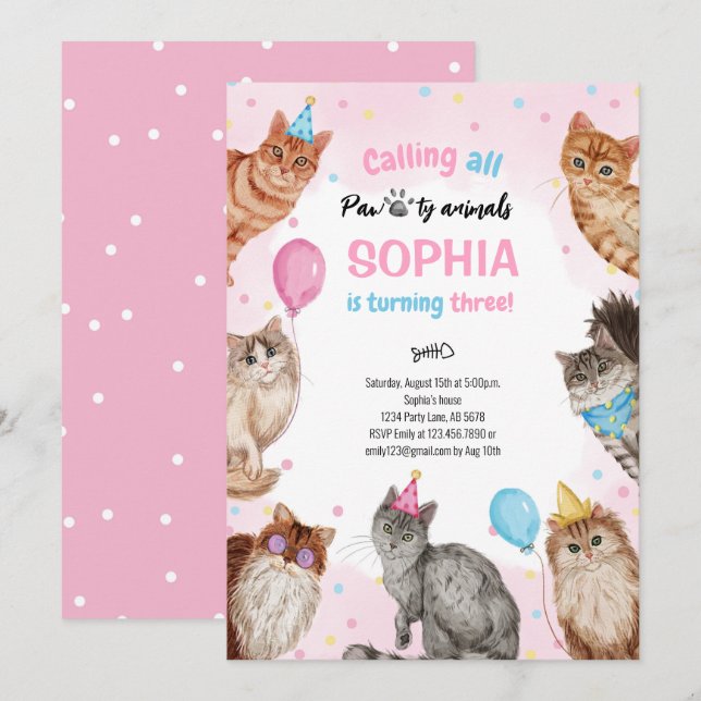 Birthday Girl Cat Pawty Animals Inbjudningar (Fram/baksida)