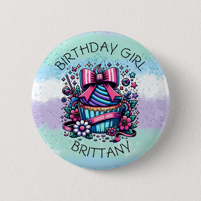 Birthday Girl Cupcoa Whimsical Personlig Knapp (Framsida)