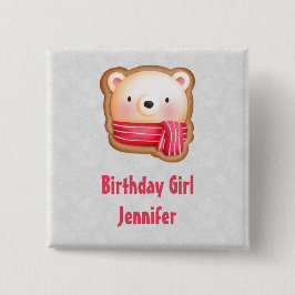 Birthday Girl Cute Bear Ansikte i Red Scarf Knapp