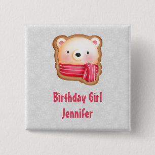 Birthday Girl Cute Bear Ansikte i Red Scarf Knapp