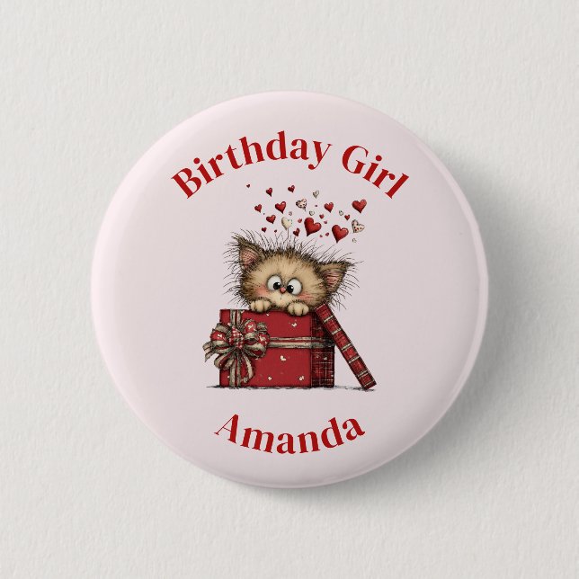 Birthday Girl Cute Cartoon Kitten with Hearts Knapp (Framsida)