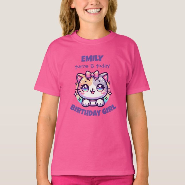 Birthday Girl  Cute Cat Tee - Custom Name & Age (Framsida)