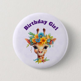 Birthday Girl Cute Giraffe med Blommigt Krona Knapp