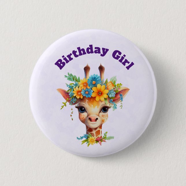 Birthday Girl Cute Giraffe med Blommigt Krona Knapp (Framsida)