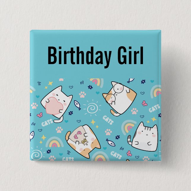 Birthday Girl Cute Kattunge Mönster Whimsical Knapp (Framsida)
