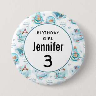 Birthday Girl Cute Nautical Whales Mönster Knapp
