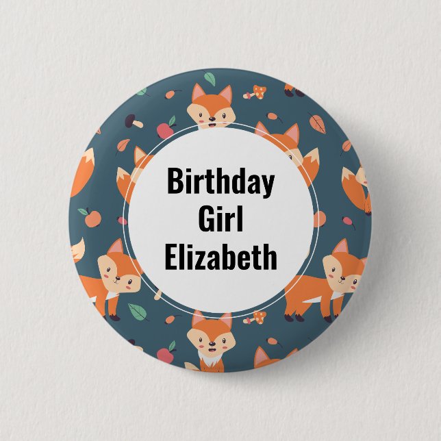 Birthday Girl - Cute Orange Fox Animal Mönster Knapp (Framsida)