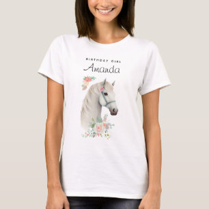 Birthday Girl Elegant White Horse Boho Blommigt T Shirt