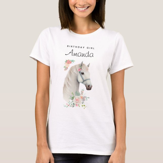 Birthday Girl Elegant White Horse Boho Blommigt T Shirt (Framsida)