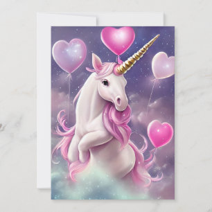 Birthday Girl Fantasy Unicorn med Rosa Balloons Julkort
