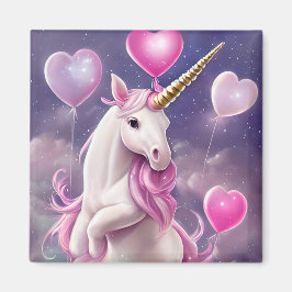 Birthday Girl Fantasy Unicorn med Rosa Balloons Magnet