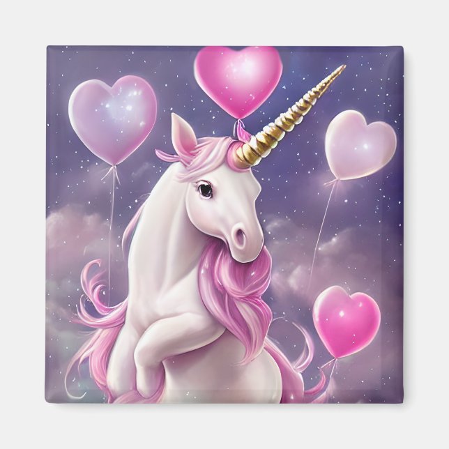 Birthday Girl Fantasy Unicorn med Rosa Balloons Magnet (Framsidan)