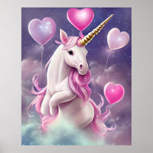 Birthday Girl Fantasy Unicorn med Rosa Balloons Poster