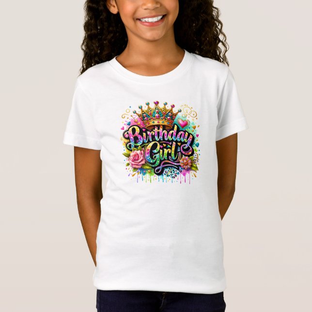 Birthday Girl Glittery Glam Retro Typography T Shirt (Framsida)