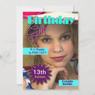 BIRTHDAY GIRL - MAG. TÄCK - INFOGA FOTO- ALLA ÅLDE INBJUDNINGAR