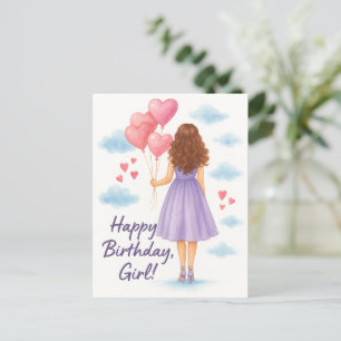 Birthday Girl med Balloations - Watercolor Hälsnin Vykort