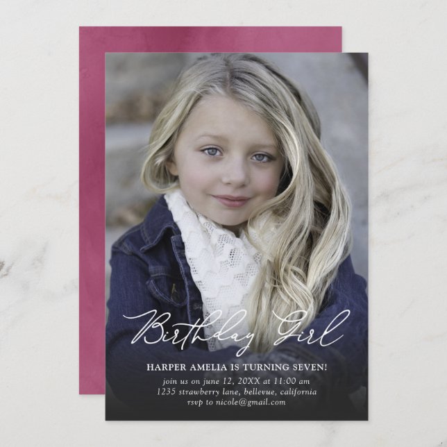 Birthday Girl Modern Calligraphy Birthday Inbjudningar (Fram/baksida)