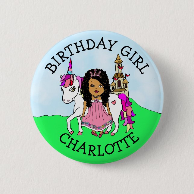 Birthday Girl Personalize Button Princess Unicorn Knapp (Framsida)