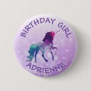 Birthday Girl Personlig Lila Unicorn Button Knapp