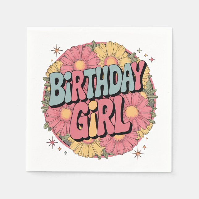 Birthday Girl - Retro Blommigt Firande Pappersservett (Framsidan)