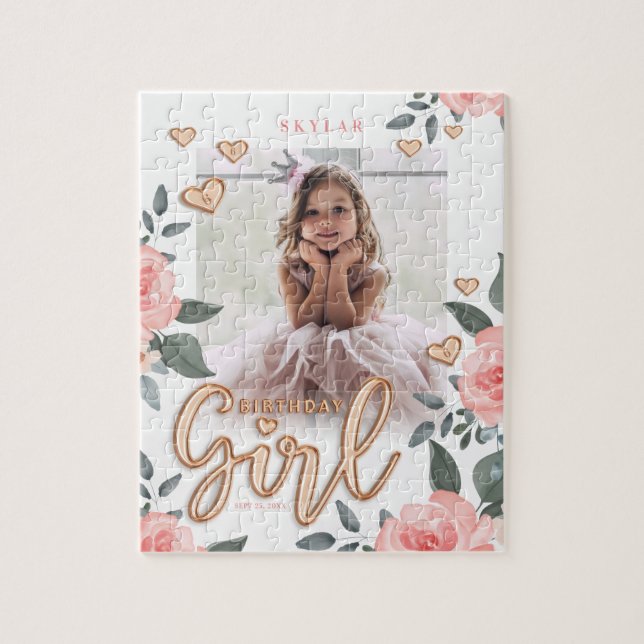 Birthday Girl Ro Guld Balloon Brev & Blommigt Pussel (Vertikal)