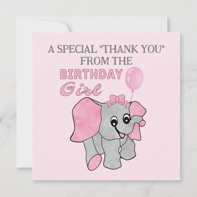 Birthday Girl Rosa Baby Elephant Tack Kort (Framsida)