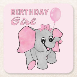 Birthday Girl Rosa Baby Elephant Underlägg Papper Kvadrat