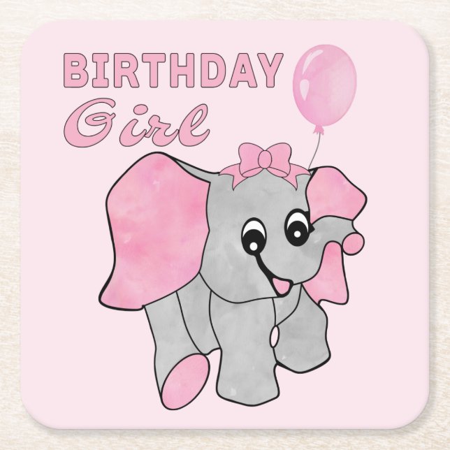 Birthday Girl Rosa Baby Elephant Underlägg Papper Kvadrat (Framsidan)