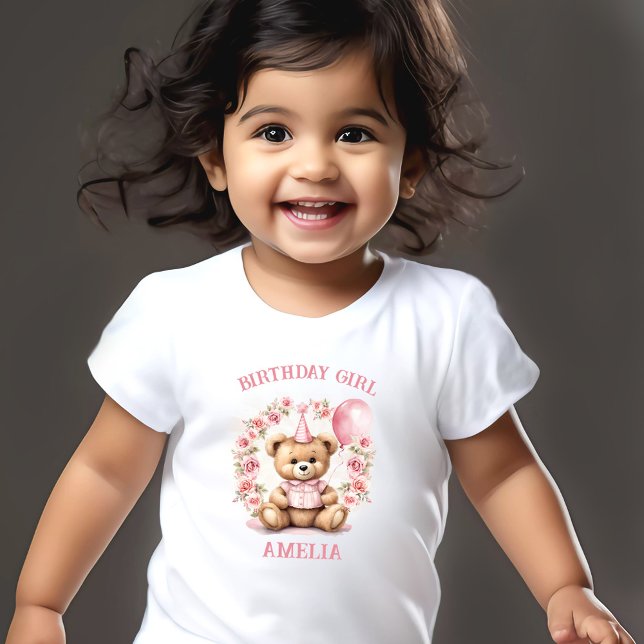 Birthday Girl Rosa Cute Bear Blommigt Namn T Shirt (Birthday Girl Pink Cute Bear Floral Name Toddler T-shirt)