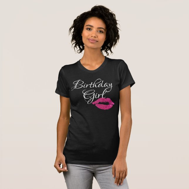 Birthday Girl Rosa Glitter Läppar Gnistra Black T Shirt (Hel framsida)