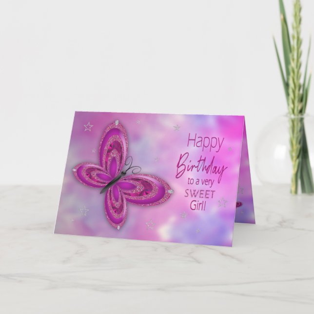 Birthday, Girl, Rosa Glitzy Butterfly Kort (Framsida)