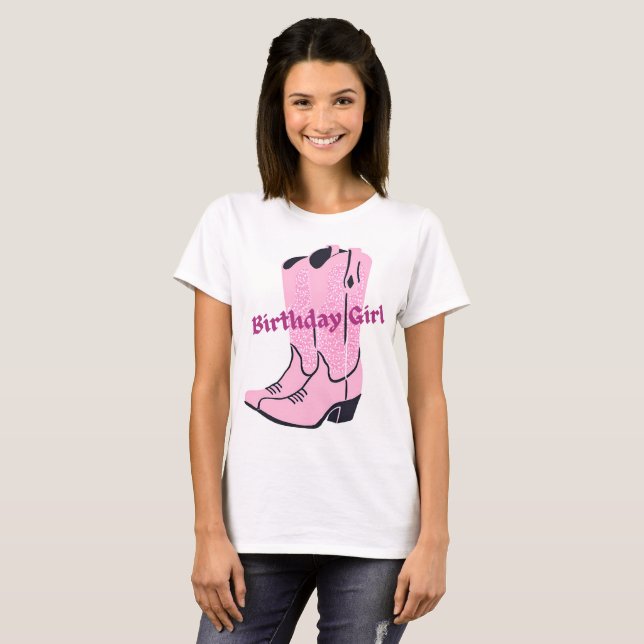 Birthday Girl Rosa Gnistra Cowboy Boots Shirt T Shirt (Hel framsida)