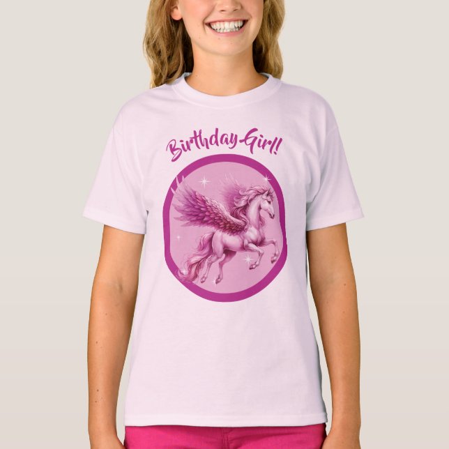 "Birthday Girl!" Rosa Pegasus Fantasy Design T Shirt (Framsida)