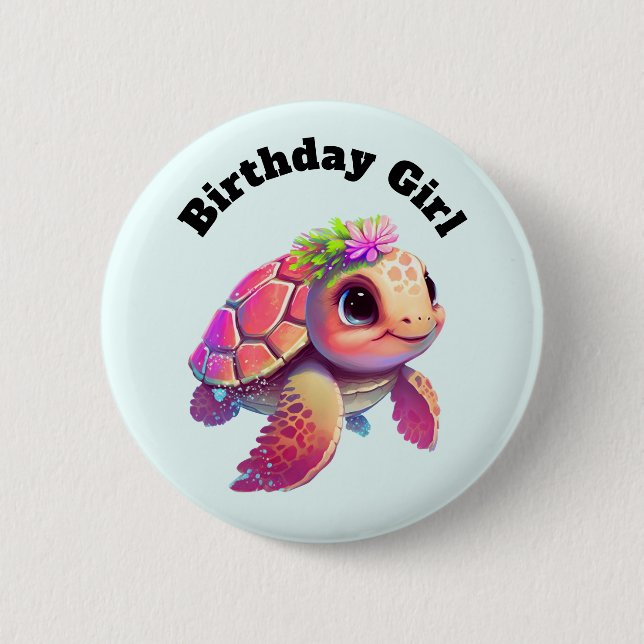 Birthday Girl - Rosa Sea Turtle Whimsical & Cute Knapp (Framsida)