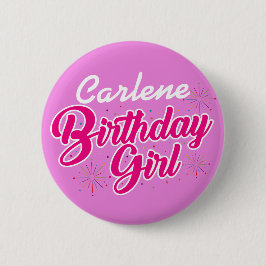 Birthday Girl Rosa Typography med NAMN på ROSA Knapp