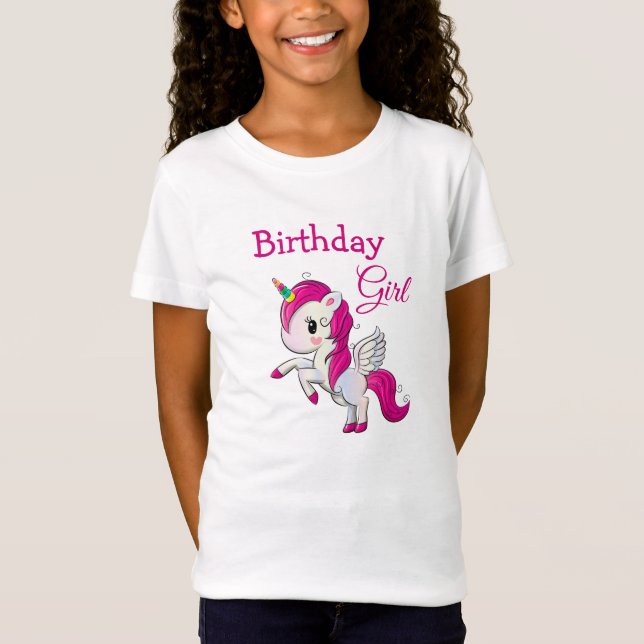 Birthday Girl Rosa Unicorn Girl's Shirt T Shirt (Framsida)