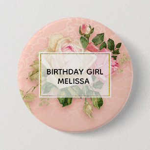Birthday Girl Rosa & Vit ros Blommigt Bouquet Knapp