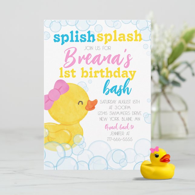 Birthday Girl Rubber Anka Splish Stänk Inbjudningar (Girl Rubber Ducky 1st Birthday Party Invites. Available printed with envelopes or digital download)