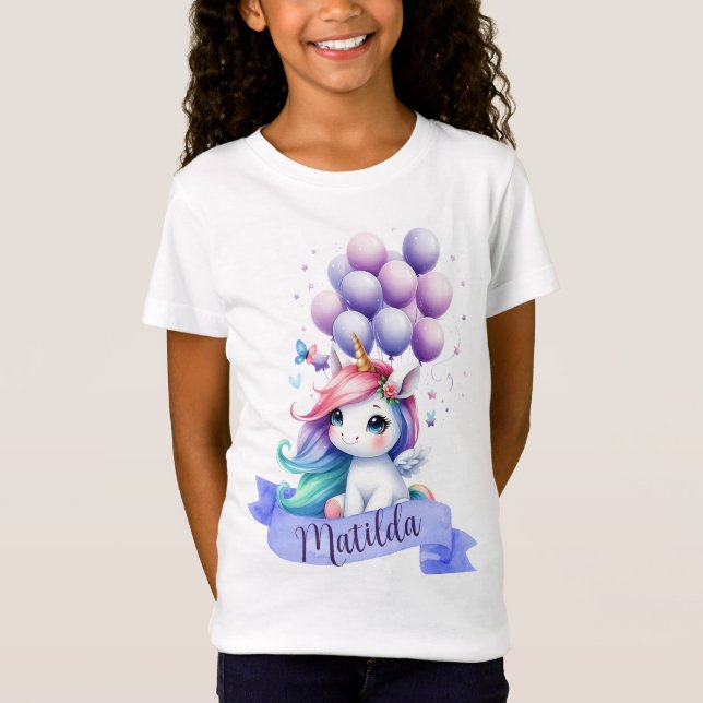 Birthday Girl Unicorn med Balloons T-Shirt (Framsida)