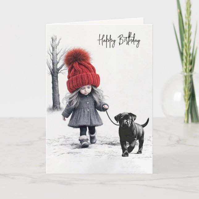 Birthday Girl Walking Her Black Hund Kort (Framsida)