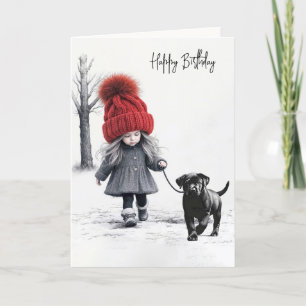 Birthday Girl Walking Her Black Hund Kort