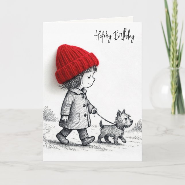 Birthday Girl Walking Her Dog Kort (Framsida)