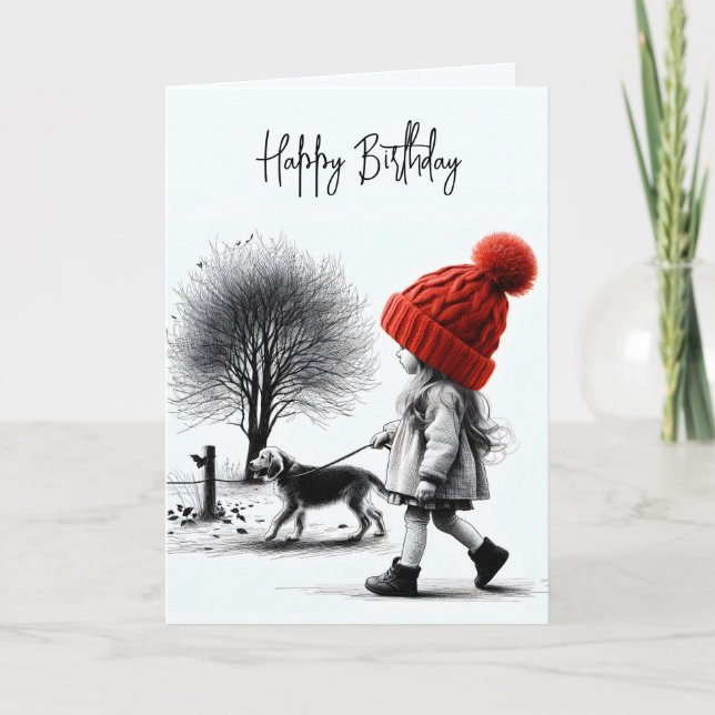 Birthday Girl Walking her Hund Kort (Framsida)