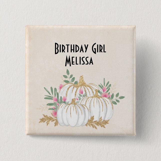 Birthday Girl White och Guld Pumpkins Watercolor Knapp (Framsida)